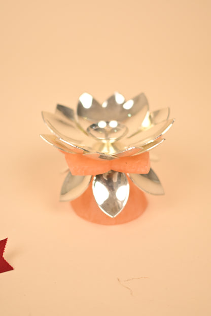 German Silver Lotus Pink Resin Base Diya – Handcrafted Festive & Pooja Essential
