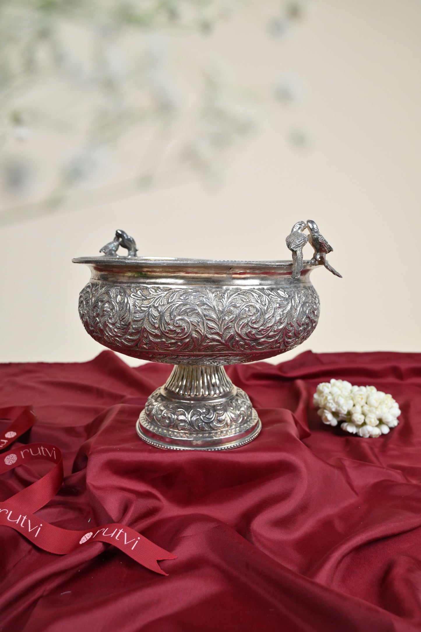 Handcrafted German Silver Decorative Urli Bowl with Bird Accents for Home & Pooja Decor