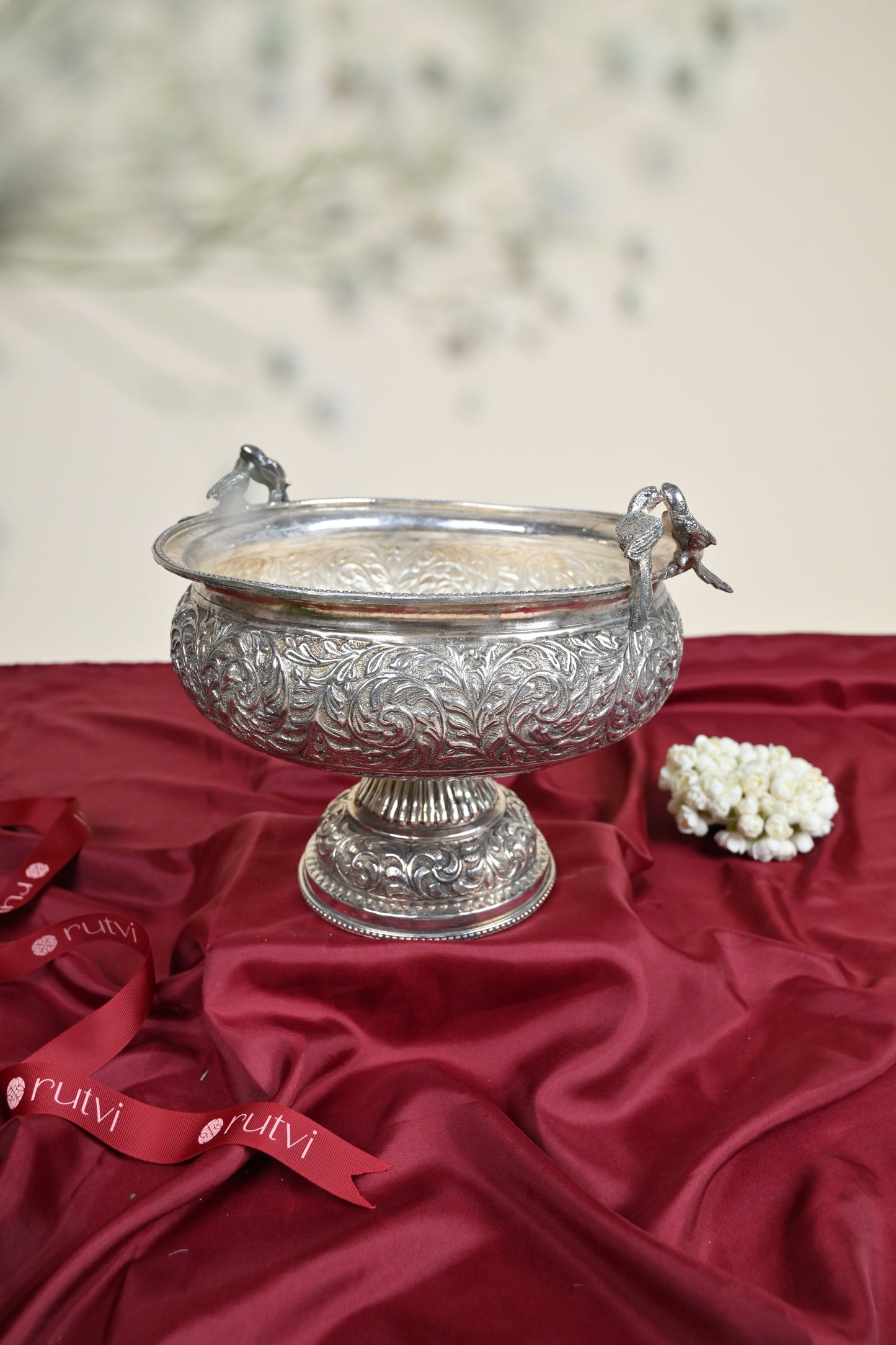 Handcrafted German Silver Decorative Urli Bowl with Bird Accents for Home & Pooja Decor