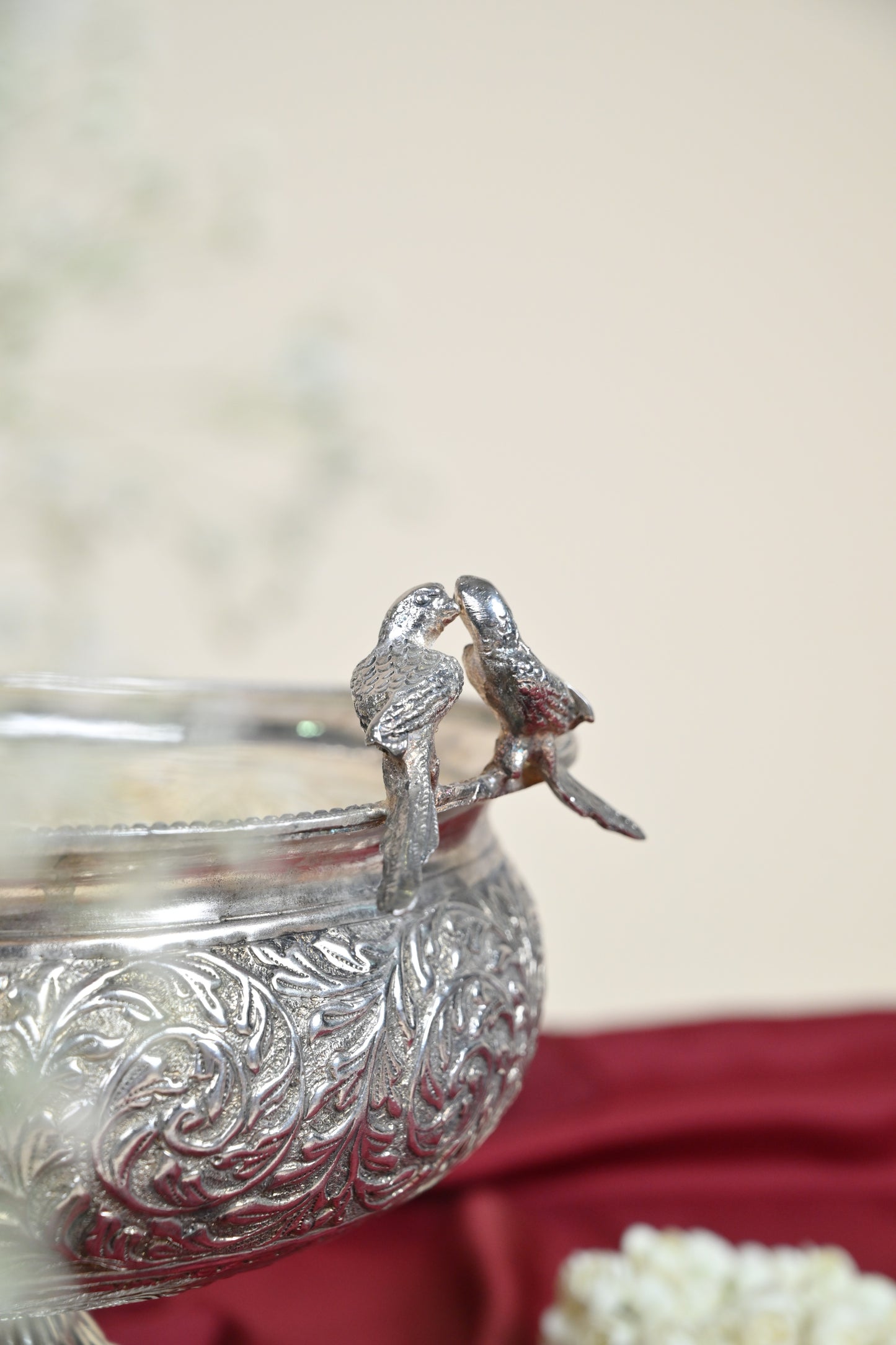 Handcrafted German Silver Decorative Urli Bowl with Bird Accents for Home & Pooja Decor