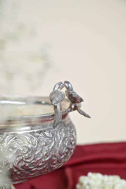 Handcrafted German Silver Decorative Urli Bowl with Bird Accents for Home & Pooja Decor
