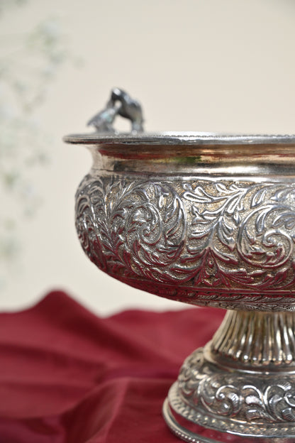 Handcrafted German Silver Decorative Urli Bowl with Bird Accents for Home & Pooja Decor