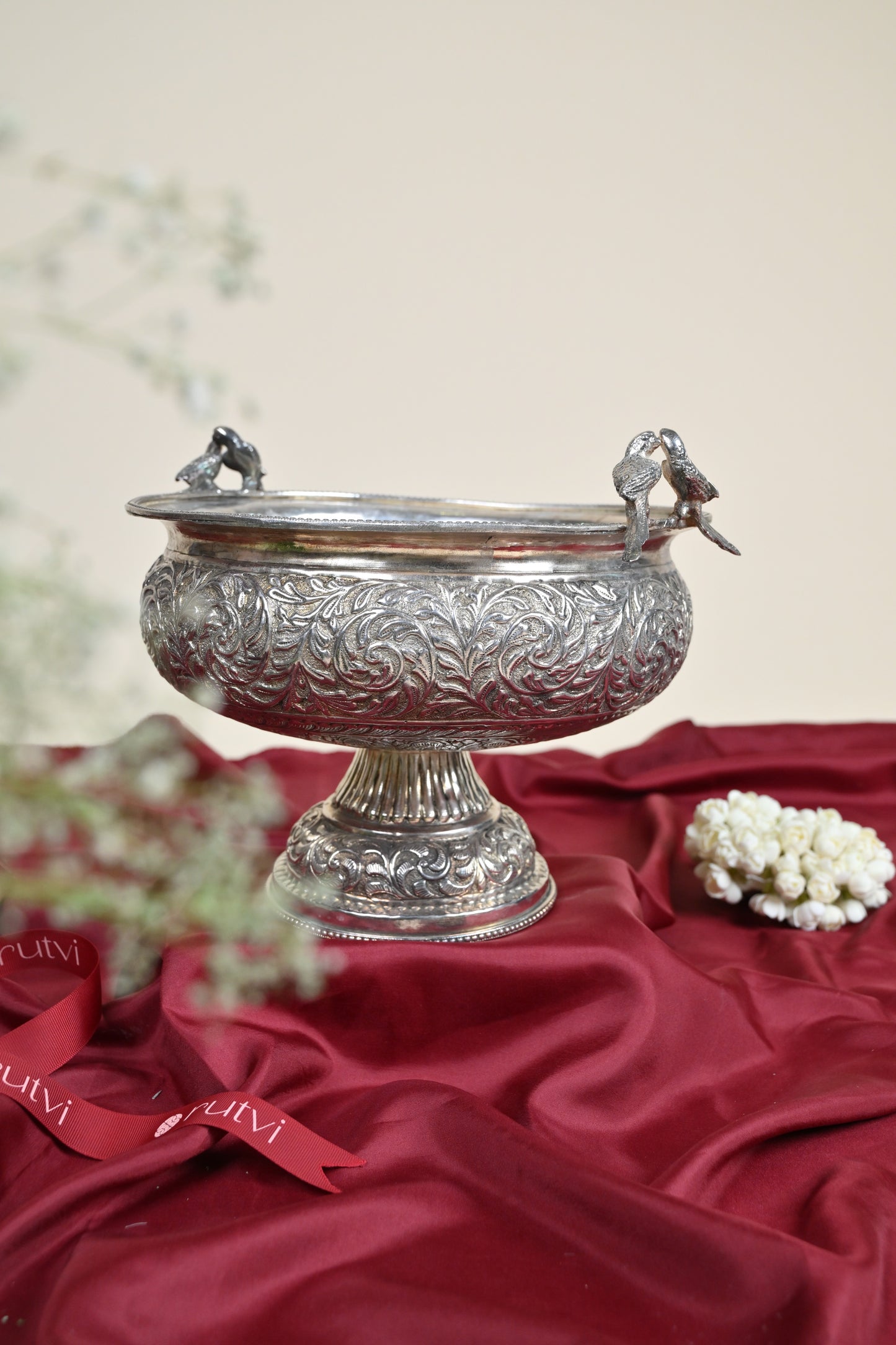Handcrafted German Silver Decorative Urli Bowl with Bird Accents for Home & Pooja Decor