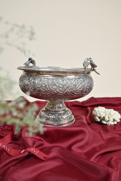 Handcrafted German Silver Decorative Urli Bowl with Bird Accents for Home & Pooja Decor