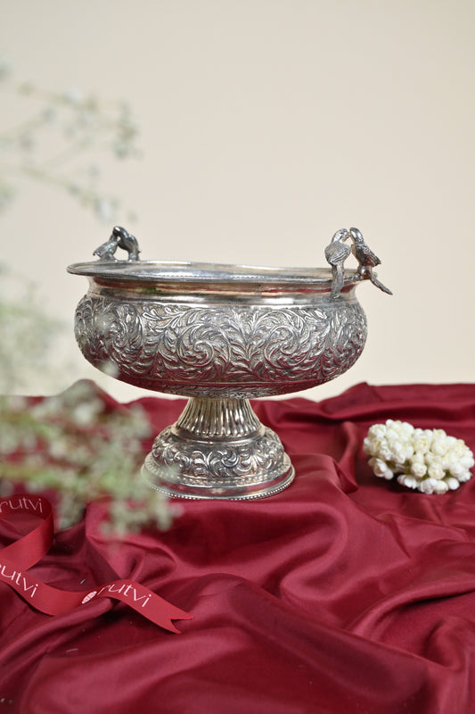 Handcrafted German Silver Decorative Urli Bowl with Bird Accents for Home & Pooja Decor
