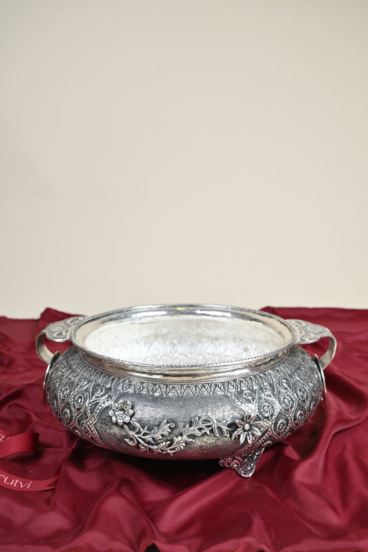 Handcrafted German Silver Decorative Urli Bowl with Handles – Traditional Floral Engraved Centerpiece