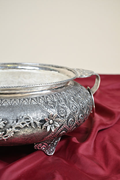 Handcrafted German Silver Decorative Urli Bowl with Handles – Traditional Floral Engraved Centerpiece
