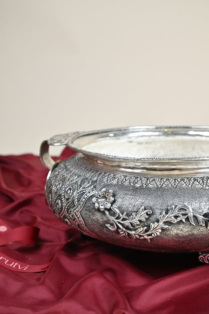 Handcrafted German Silver Decorative Urli Bowl with Handles – Traditional Floral Engraved Centerpiece