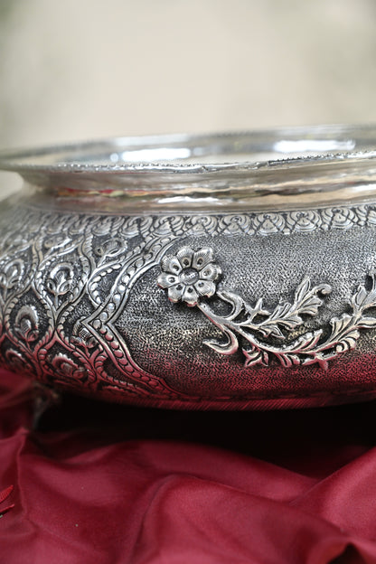 Handcrafted German Silver Decorative Urli Bowl with Handles – Traditional Floral Engraved Centerpiece