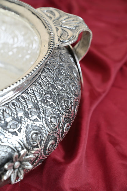 Handcrafted German Silver Decorative Urli Bowl with Handles – Traditional Floral Engraved Centerpiece