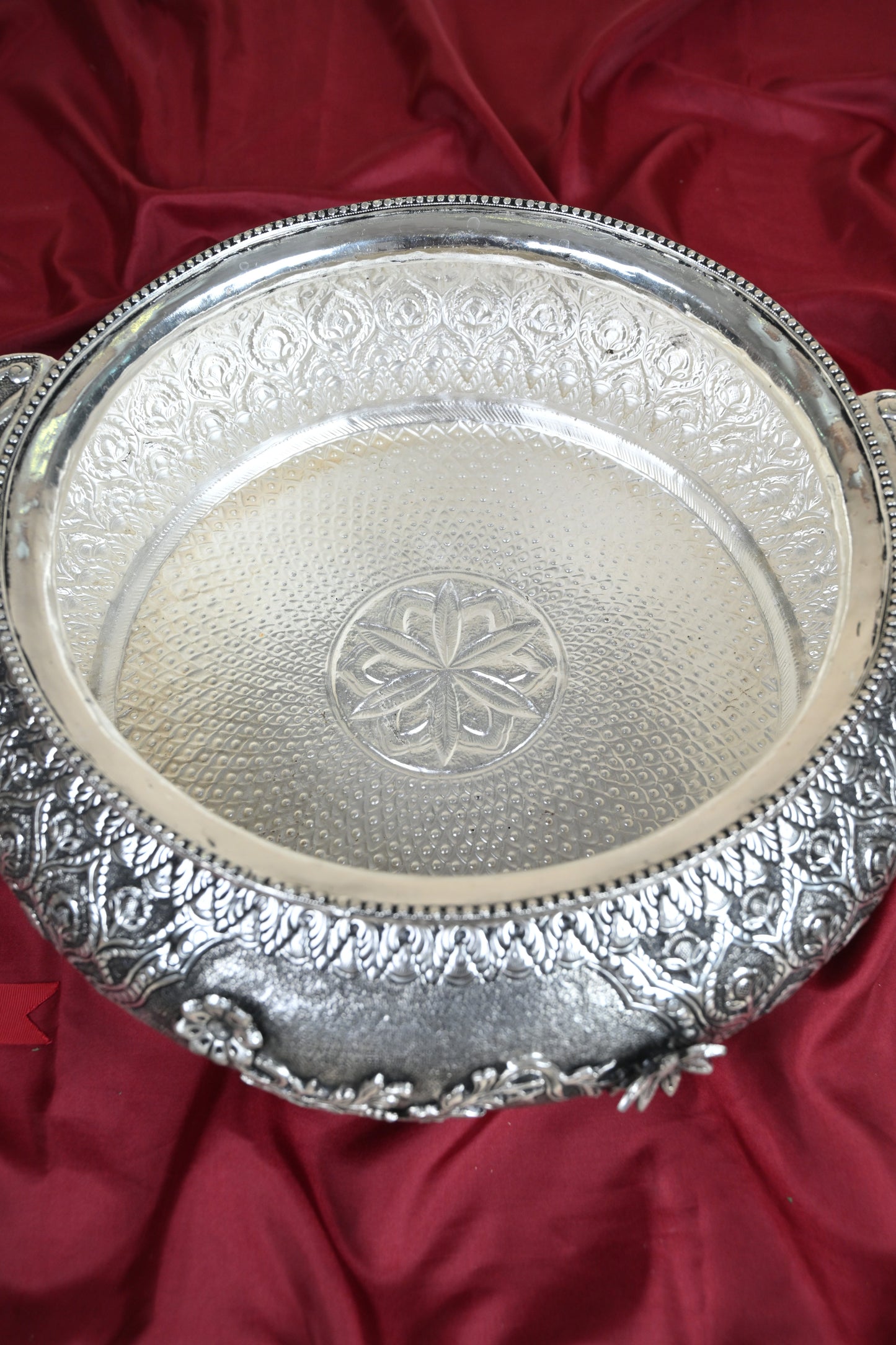Handcrafted German Silver Decorative Urli Bowl with Handles – Traditional Floral Engraved Centerpiece