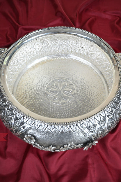 Handcrafted German Silver Decorative Urli Bowl with Handles – Traditional Floral Engraved Centerpiece