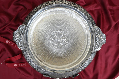 Handcrafted German Silver Decorative Urli Bowl with Handles – Traditional Floral Engraved Centerpiece