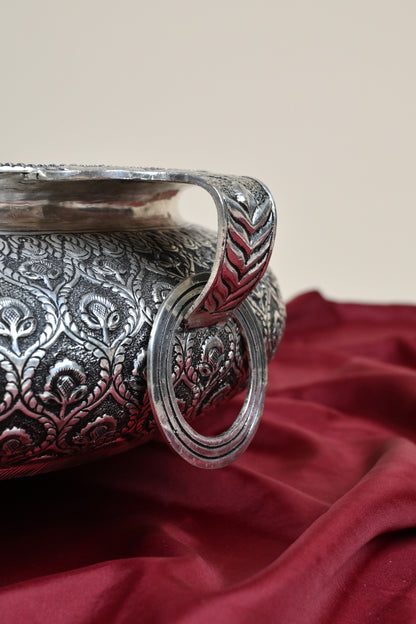 Handcrafted German Silver Decorative Urli Bowl with Handles – Traditional Floral Engraved Centerpiece