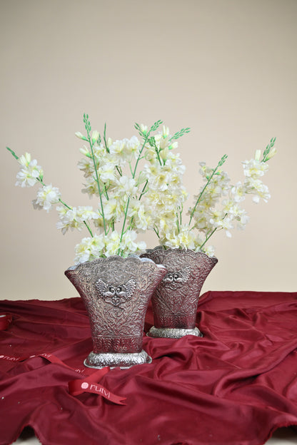 German Silver Embossed Swan Design Decorative Planter Pot – Traditional Floral Urli Vase for Home Décor Set of 2