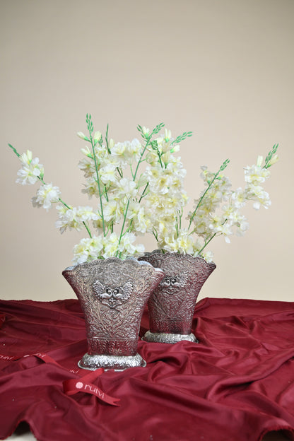German Silver Embossed Swan Design Decorative Planter Pot – Traditional Floral Urli Vase for Home Décor Set of 2