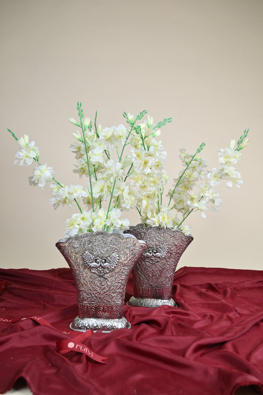German Silver Embossed Swan Design Decorative Planter Pot – Traditional Floral Urli Vase for Home Décor Set of 2
