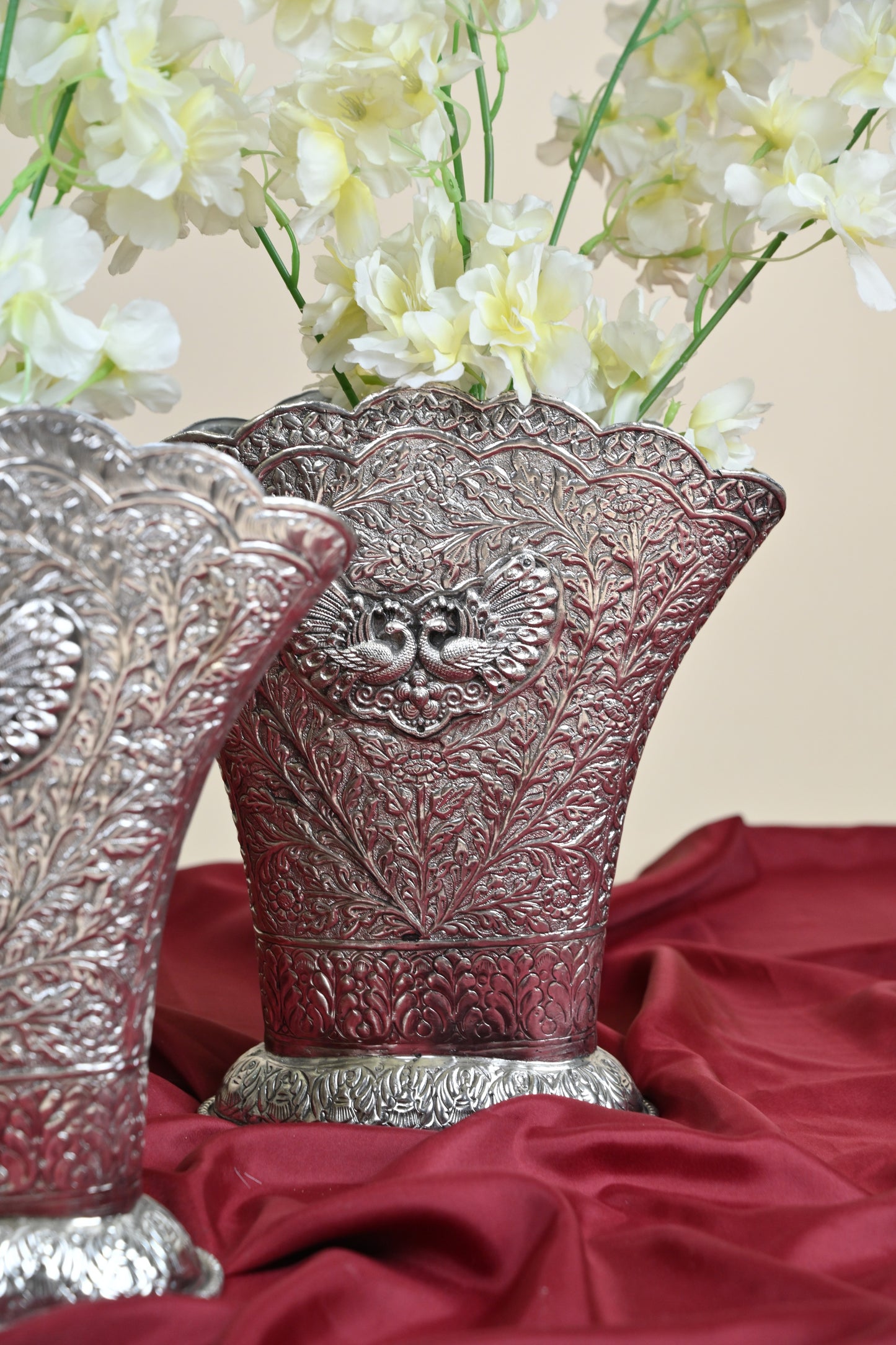 German Silver Embossed Swan Design Decorative Planter Pot – Traditional Floral Urli Vase for Home Décor Set of 2