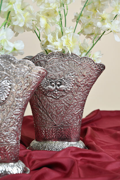 German Silver Embossed Swan Design Decorative Planter Pot – Traditional Floral Urli Vase for Home Décor Set of 2