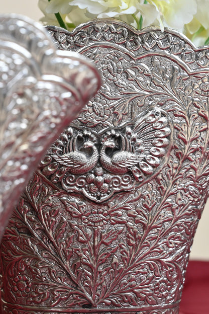 German Silver Embossed Swan Design Decorative Planter Pot – Traditional Floral Urli Vase for Home Décor Set of 2