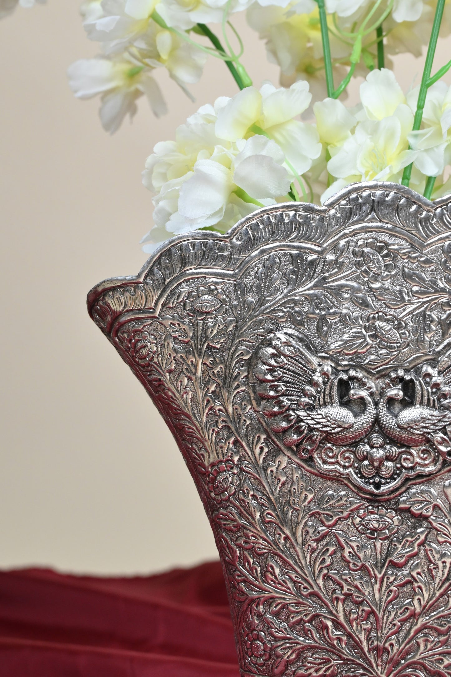German Silver Embossed Swan Design Decorative Planter Pot – Traditional Floral Urli Vase for Home Décor Set of 2
