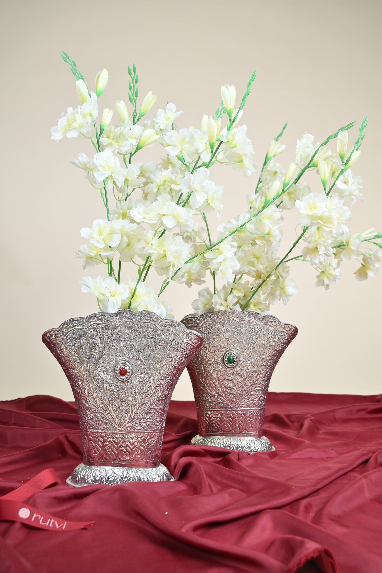 German Silver Floral Embossed Flower Vase – Traditional Decorative Vase for Home & Festive Décor Set of 2pcs
