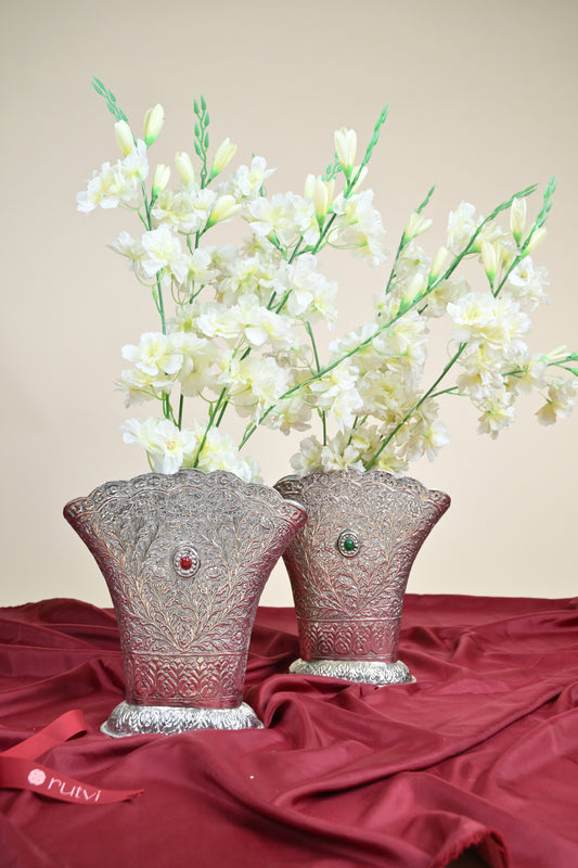 German Silver Floral Embossed Flower Vase – Traditional Decorative Vase for Home & Festive Décor Set of 2pcs