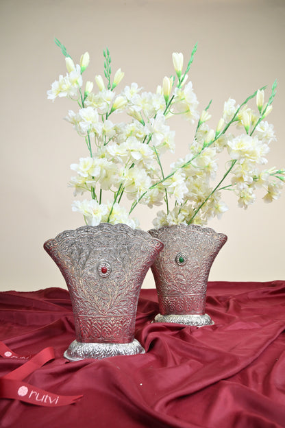 German Silver Floral Embossed Flower Vase – Traditional Decorative Vase for Home & Festive Décor Set of 2pcs