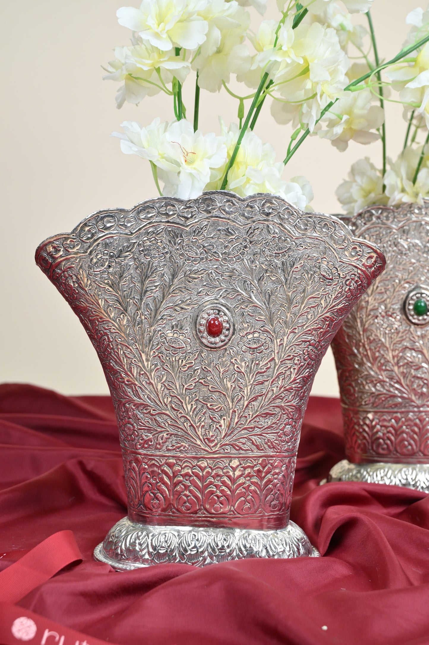 German Silver Floral Embossed Flower Vase – Traditional Decorative Vase for Home & Festive Décor Set of 2pcs