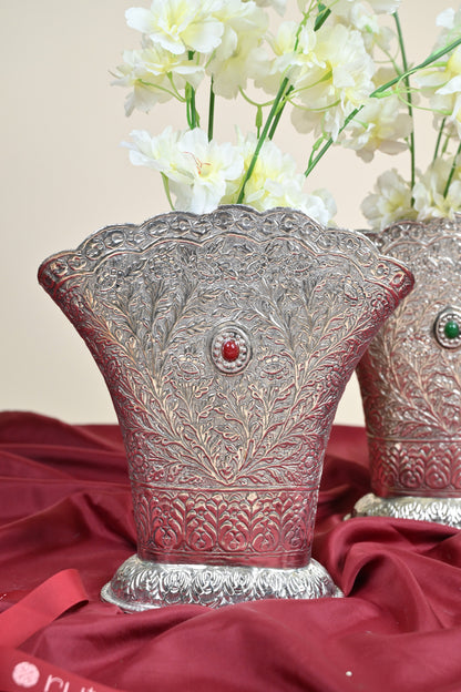German Silver Floral Embossed Flower Vase – Traditional Decorative Vase for Home & Festive Décor Set of 2pcs