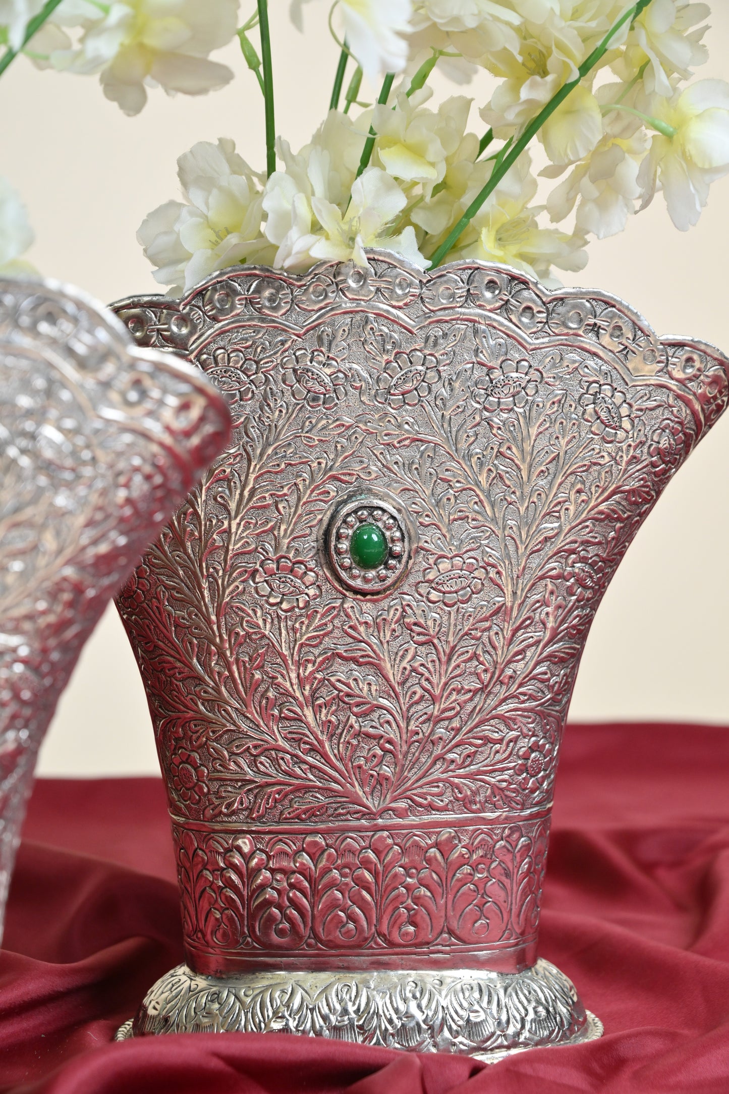 German Silver Floral Embossed Flower Vase – Traditional Decorative Vase for Home & Festive Décor Set of 2pcs