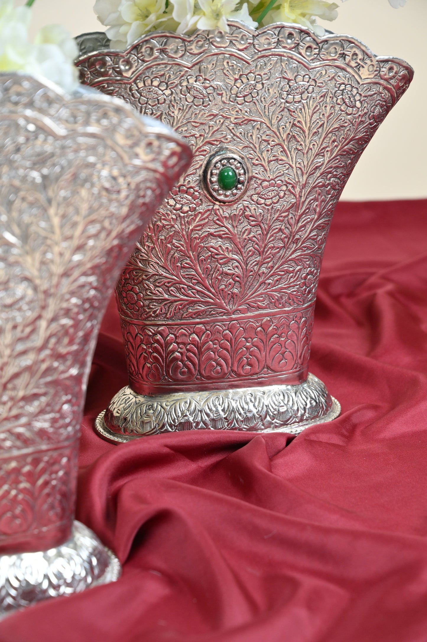 German Silver Floral Embossed Flower Vase – Traditional Decorative Vase for Home & Festive Décor Set of 2pcs