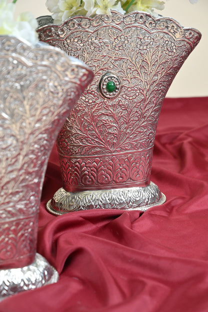German Silver Floral Embossed Flower Vase – Traditional Decorative Vase for Home & Festive Décor Set of 2pcs