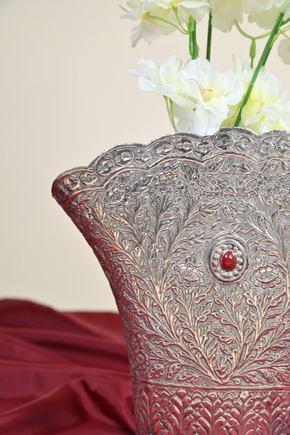 German Silver Floral Embossed Flower Vase – Traditional Decorative Vase for Home & Festive Décor Set of 2pcs