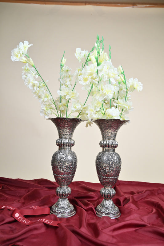 German Silver Vintage Floral Engraved Vase – Traditional Decorative Flower Vase for Home & Festive Décor Set of 2pcs