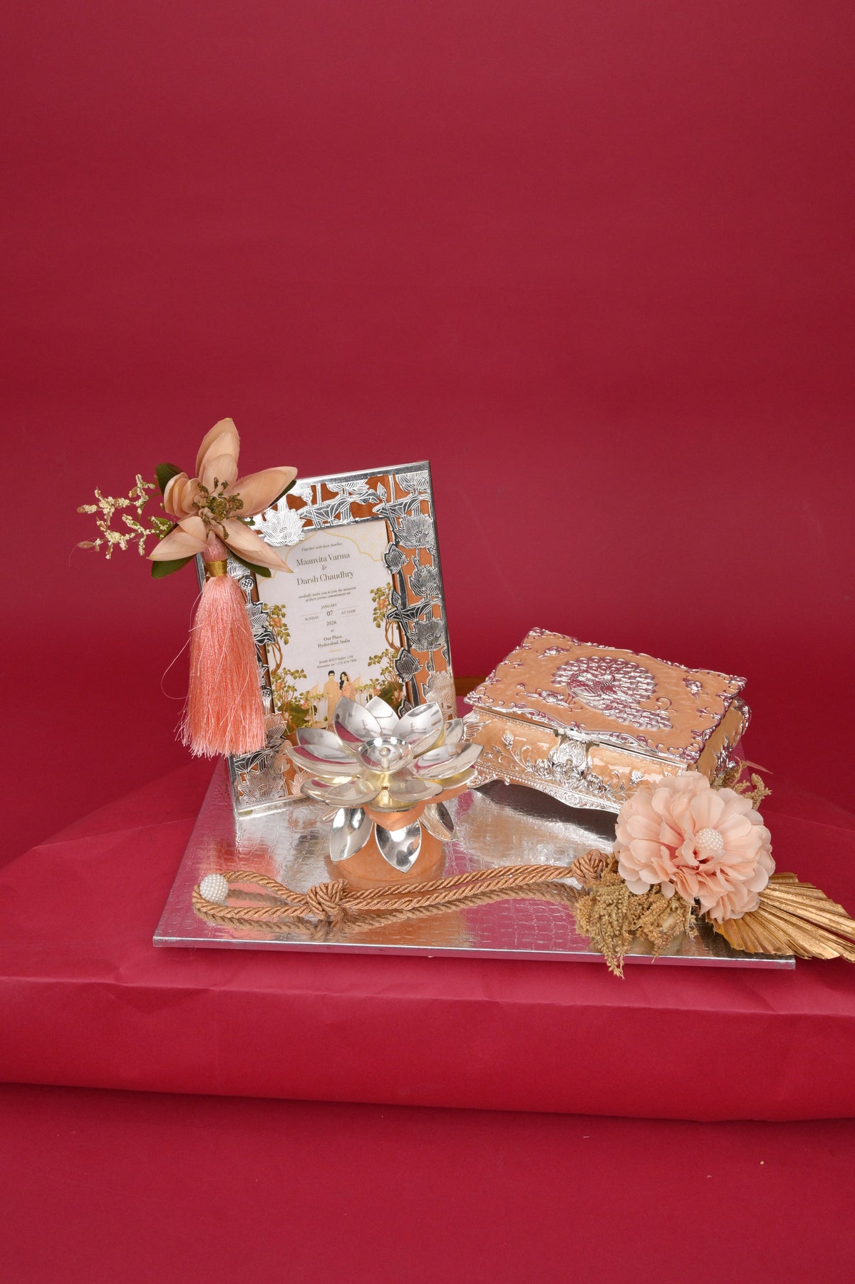 wedding invitation & gift tray with decorative box & diya