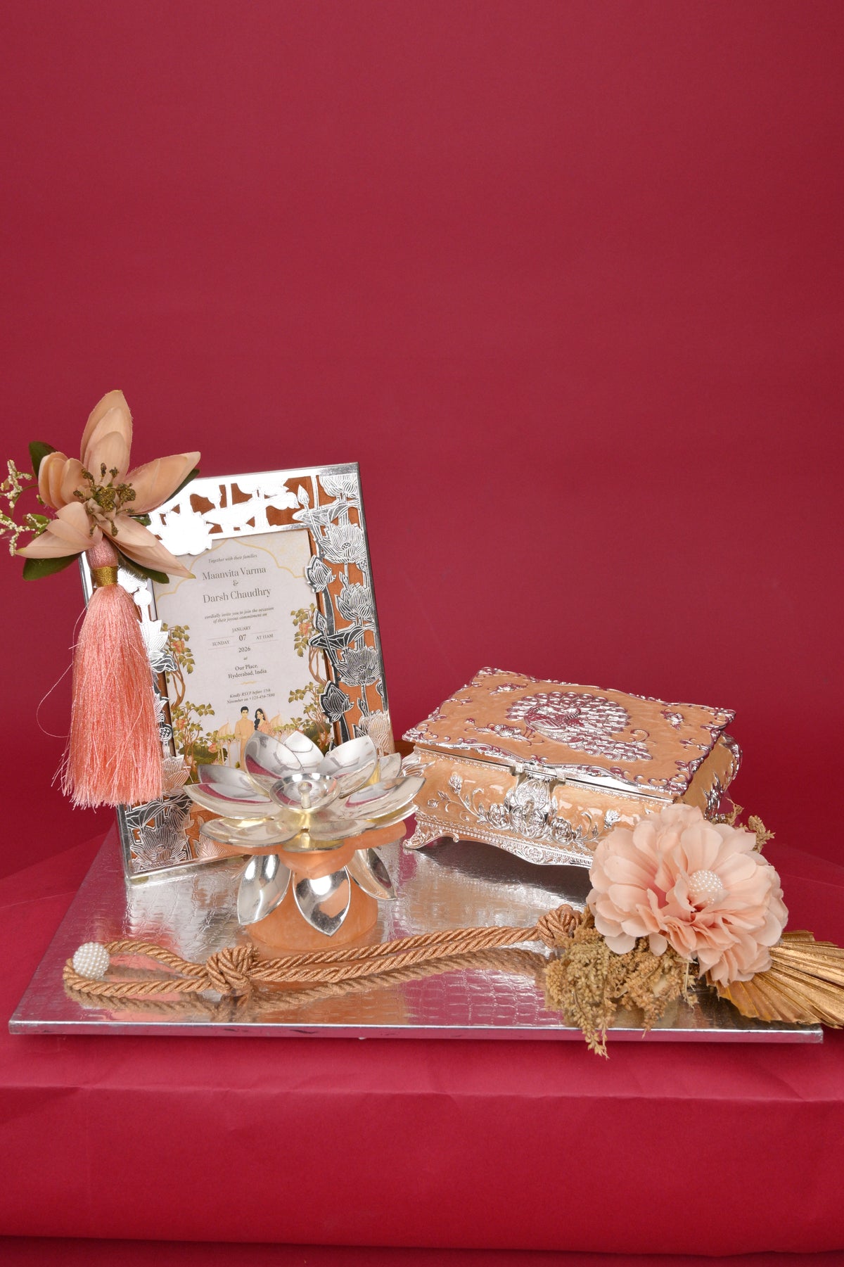 wedding invitation & gift tray with decorative box & diya