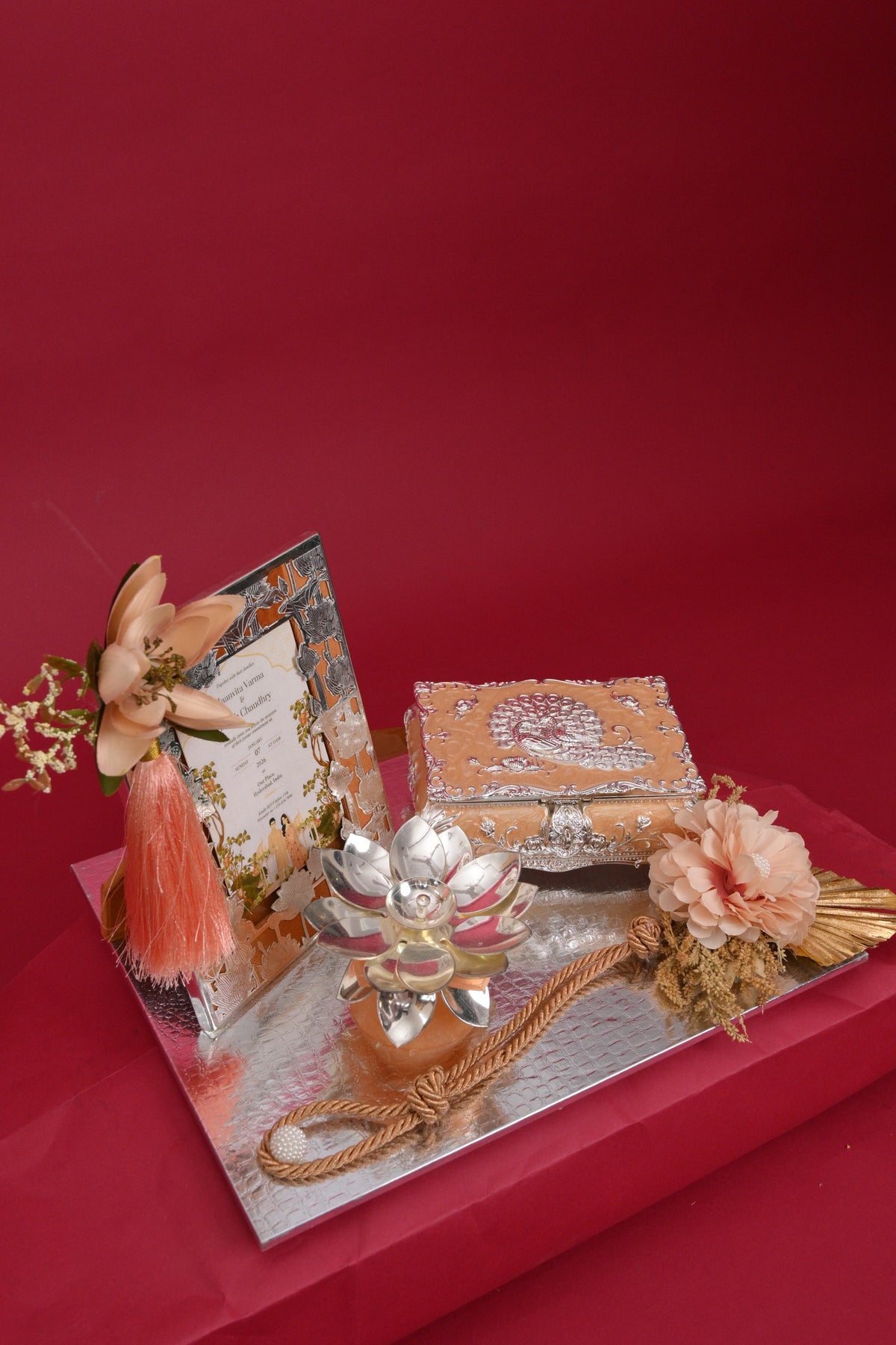 wedding invitation & gift tray with decorative box & diya