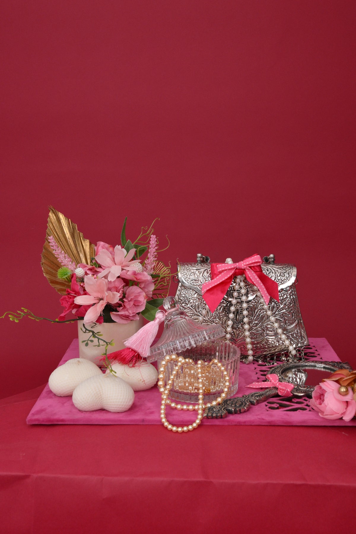 decorative gift hamper with silver-toned bags & tray