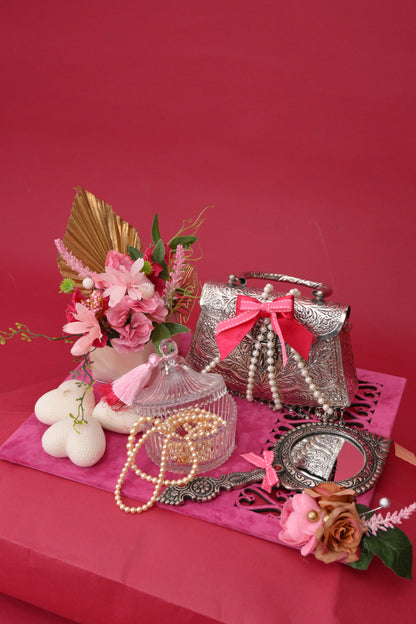 Decorative Gift Hamper with Silver-Toned Bags & Tray