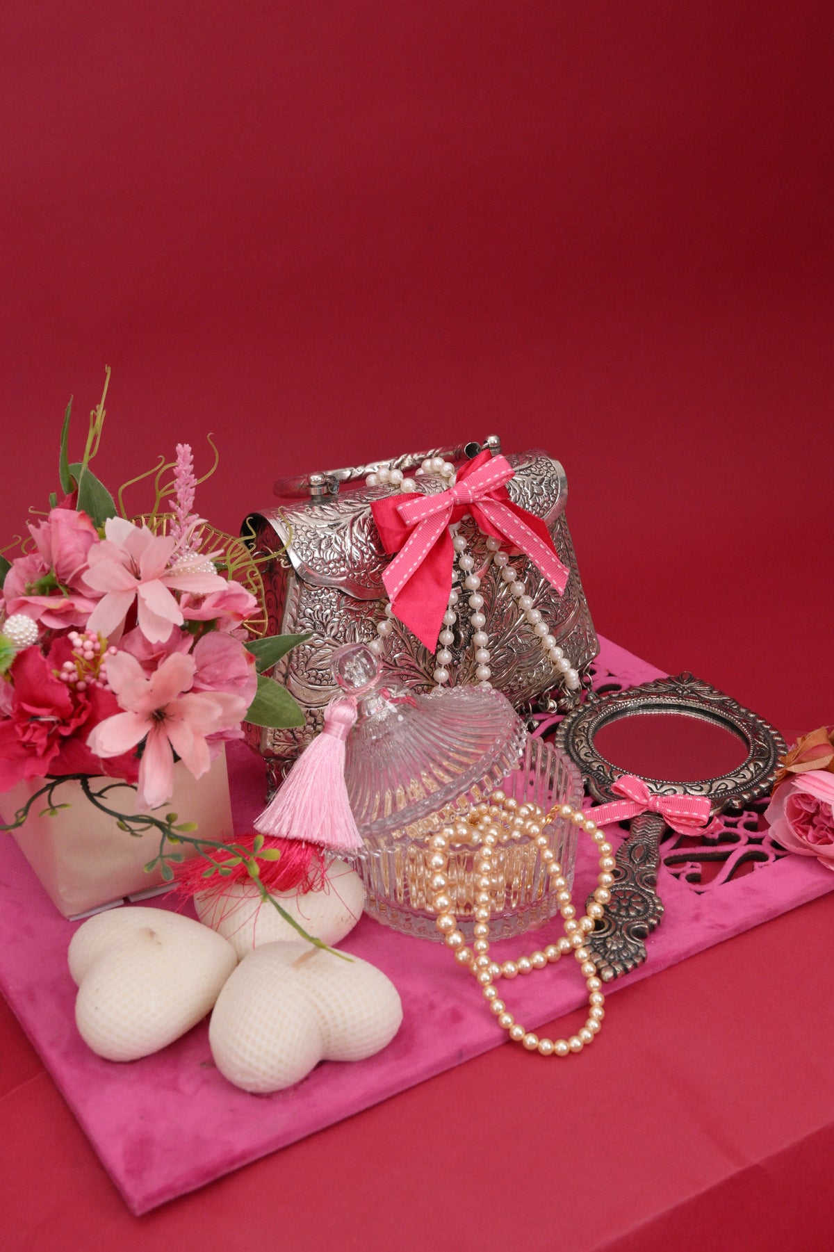 decorative gift hamper with silver-toned bags & tray