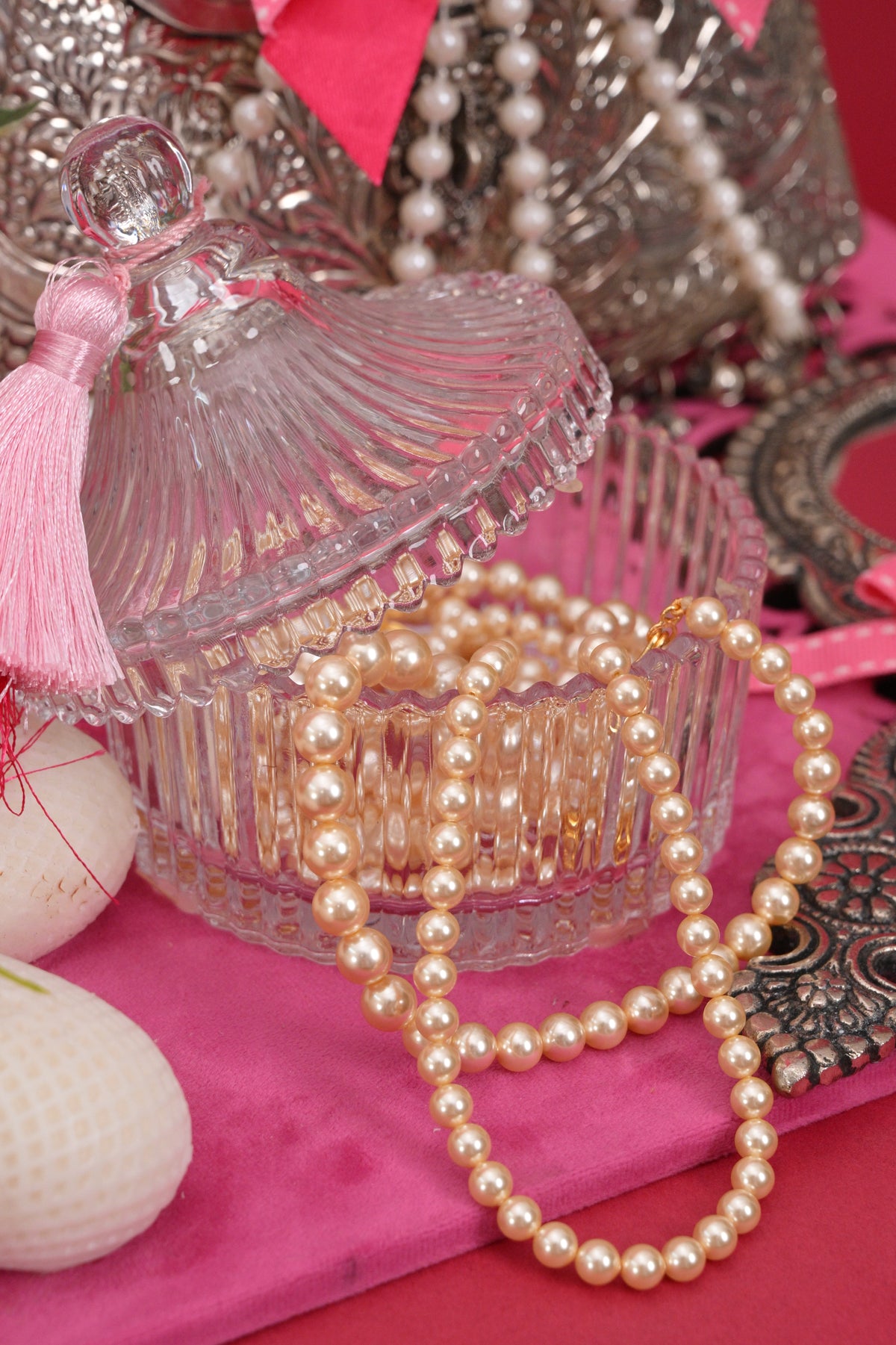 decorative gift hamper with silver-toned bags & tray
