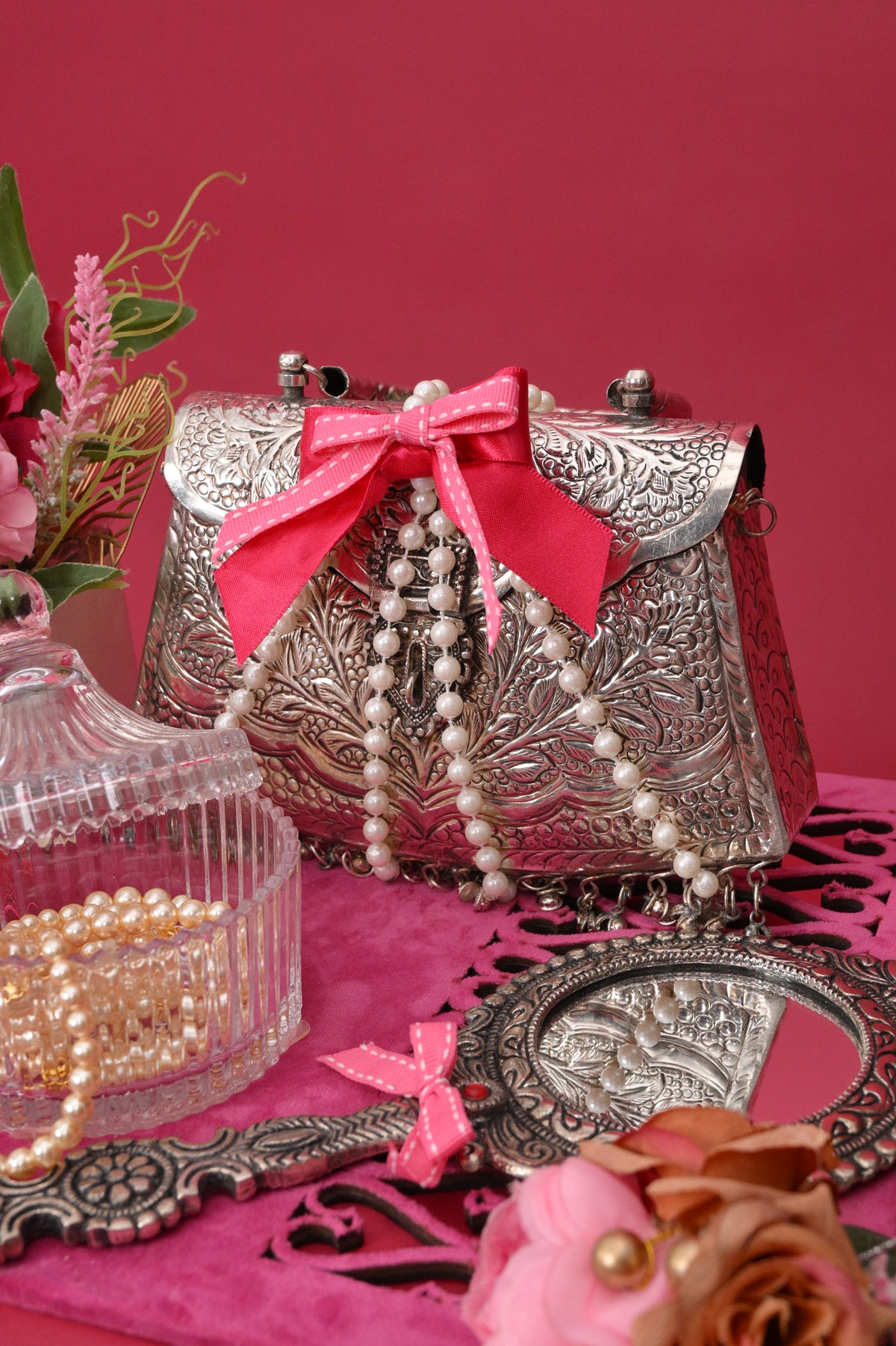 decorative gift hamper with silver-toned bags & tray