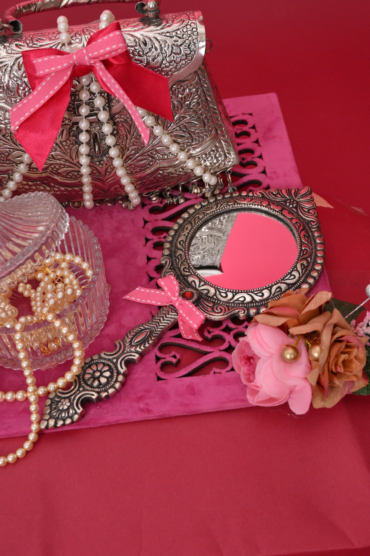 decorative gift hamper with silver-toned bags & tray
