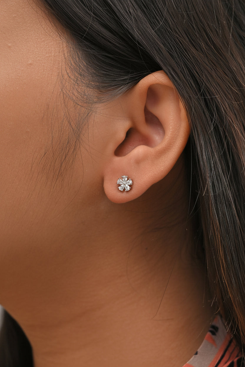 silver floral cz stud earrings