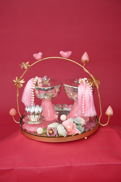 Decorative Festive Tray with Silver Bowls & Diya