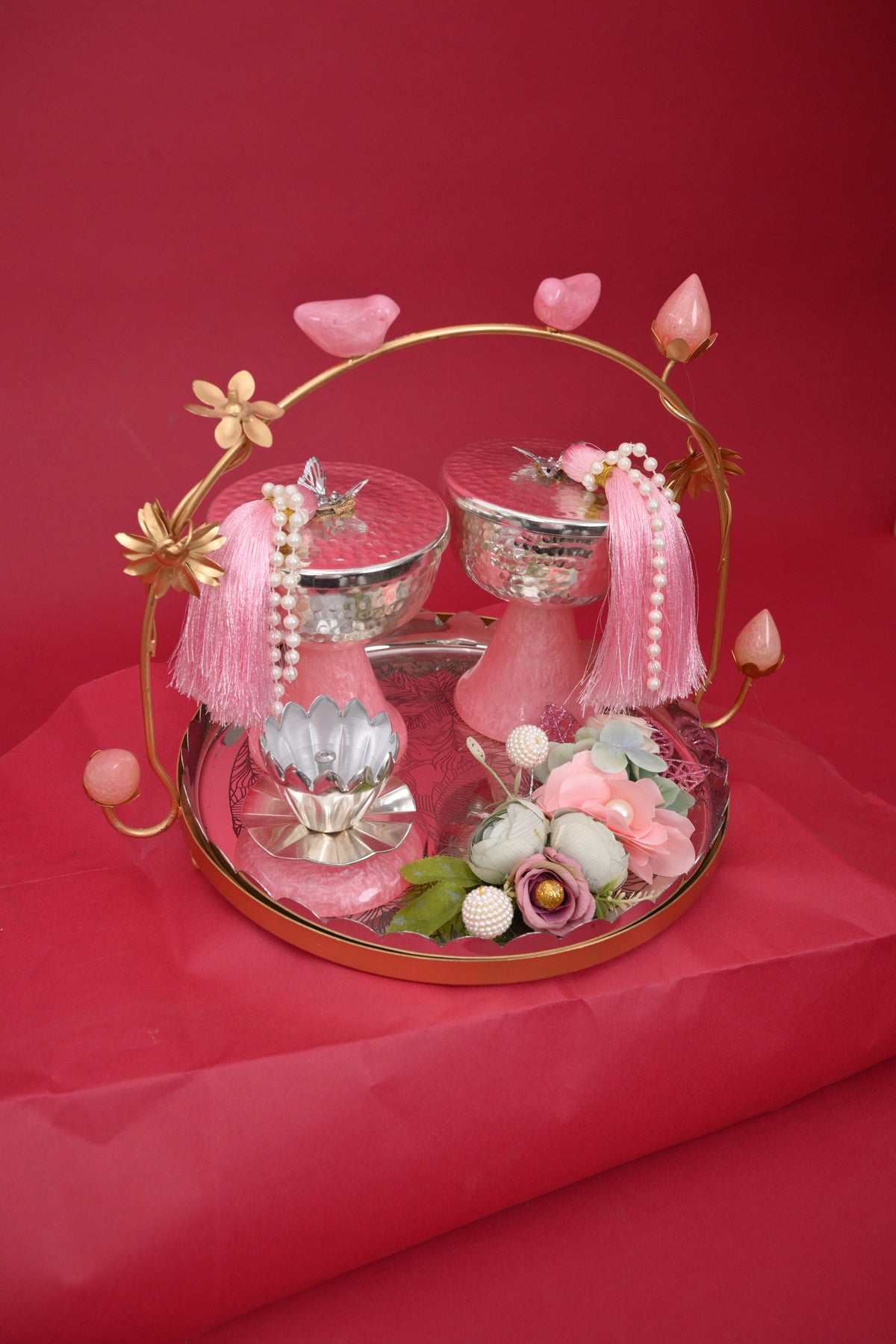 decorative festive tray with silver bowls & diya