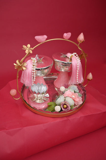 Decorative Festive Tray with Silver Bowls & Diya