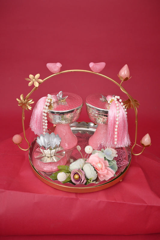 Decorative Festive Tray with Silver Bowls & Diya