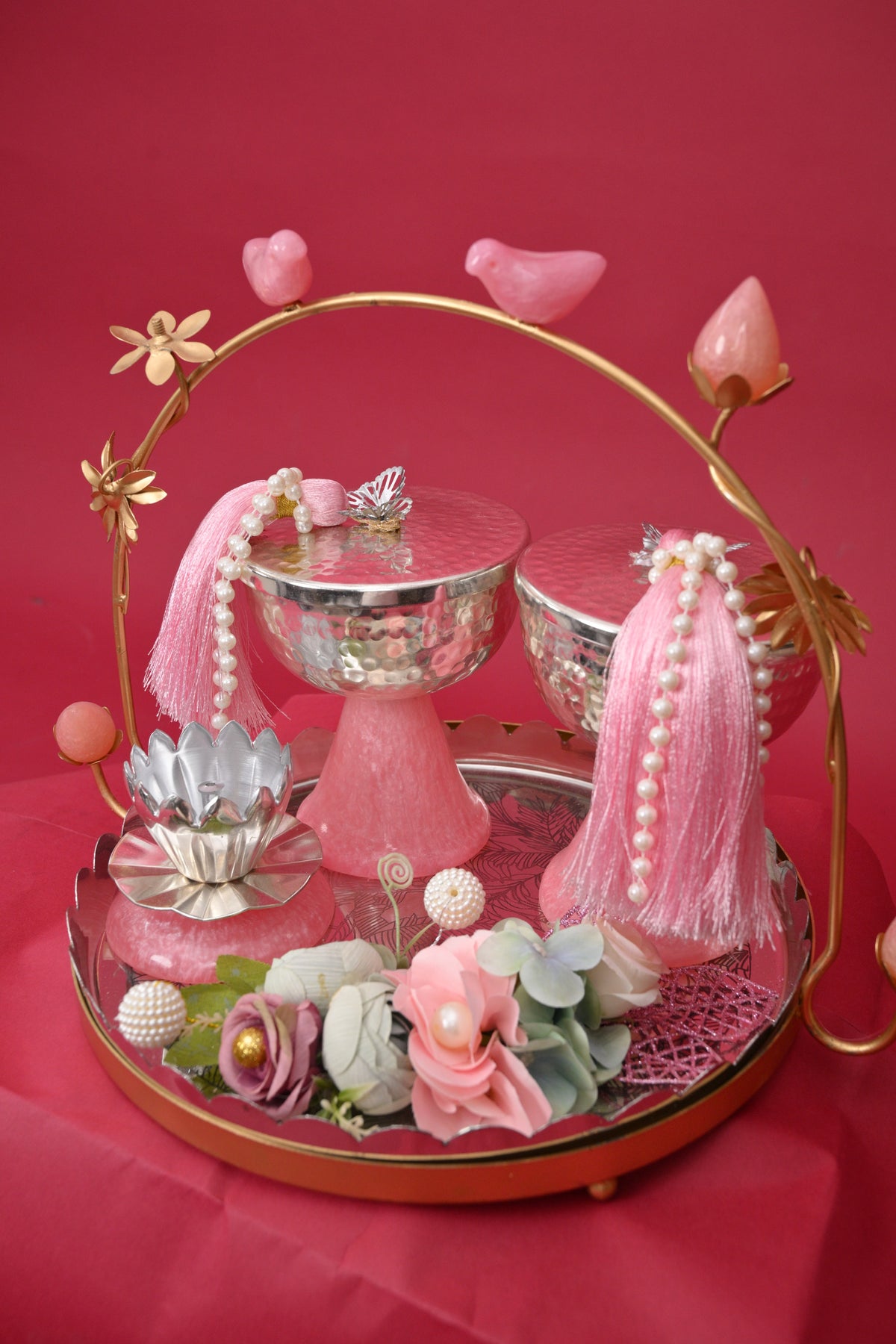 decorative festive tray with silver bowls & diya